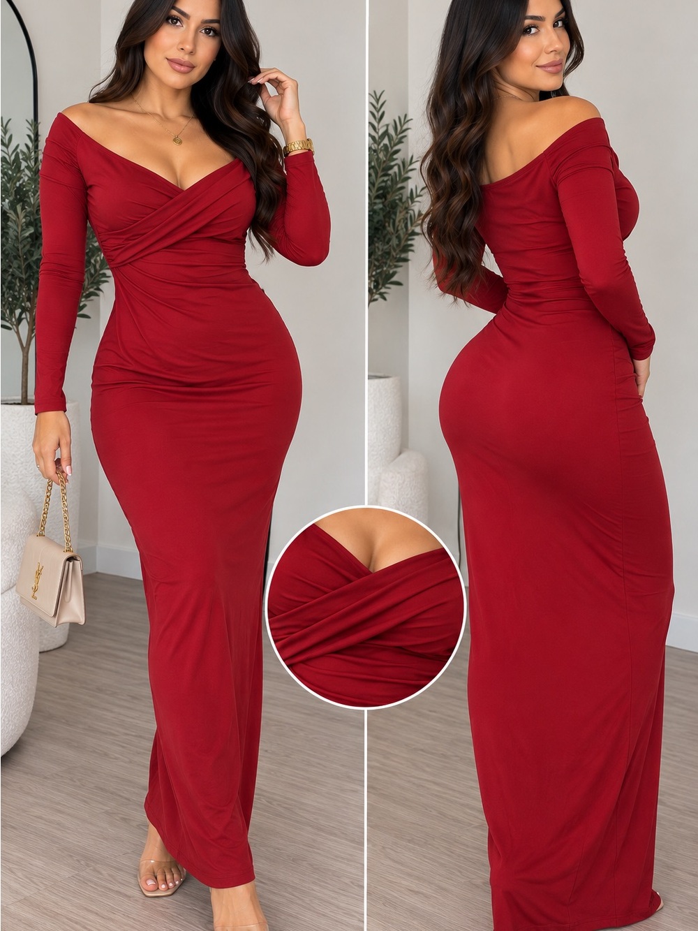 SHEIN Red Off-Shoulder Long Sleeve Maxi Dress